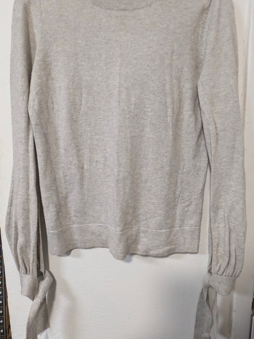 BCBGMaxAzria Light Gray Crewneck Sweater with Tie Sleeves